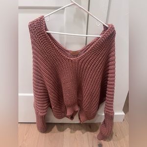 blushing brunette off the shoulder sweater.